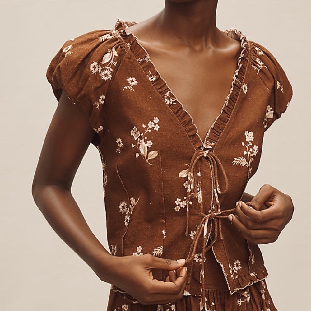 Anthropologie Boho Brown Floral Puff Sleeve Tie-Front Linen Top Size S